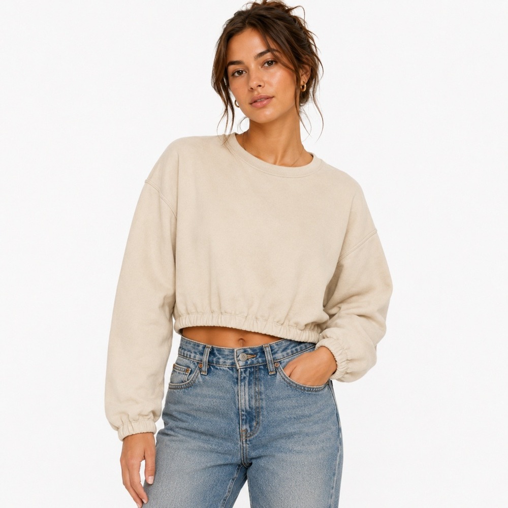Anthropologie Sweatshirt Womens Large Beige Cropped Balloon Sleeve Cotton Crew